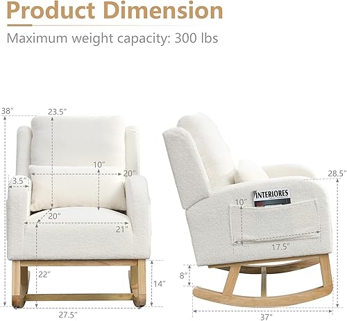 Miniatura 2 de Mecedora moderna para habitación del bebé con almohada lumbar, respaldo alto, tapizadas, asiento acolchado para sala de estar con bolsillo lateral.
