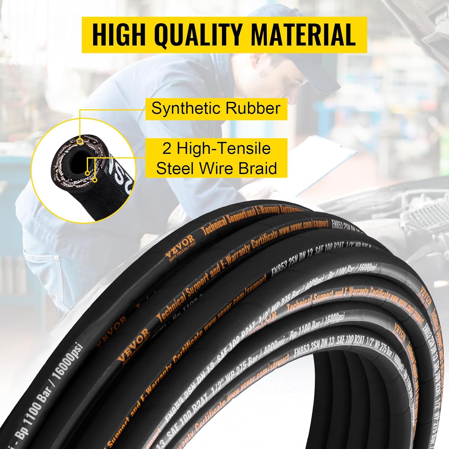Flexible Hydraulic Hose - 1/2" x 100 ft, 4000 PSI, Rubber with 2 Wire Braid, -20C to 140C