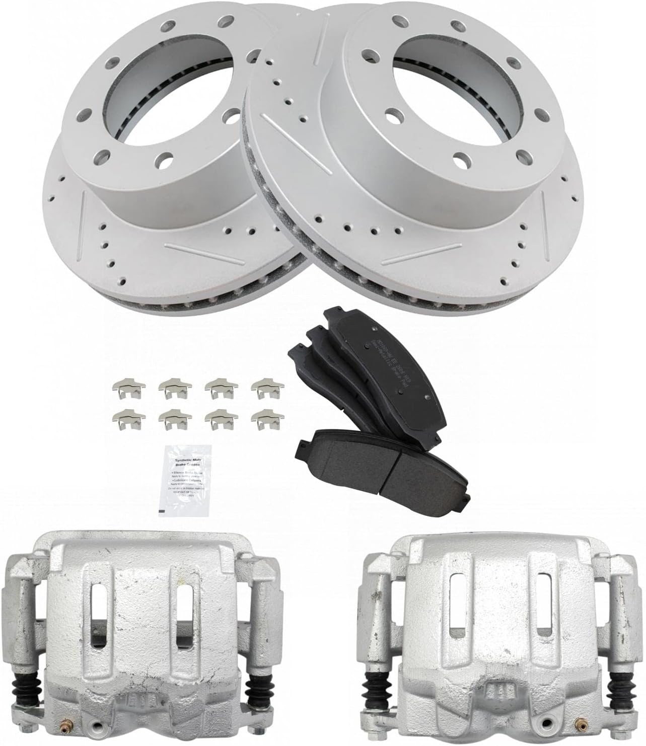 TRQ Front Performance Brake Pad & Rotor Kit Brake Caliper Brake Pads Brake Rotors Set Semi-Metallic Premium G-Coated Compatible with 2005-2012 Ford F-250 Super Duty F-350 Super Duty