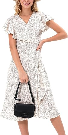 Womens Summer Wrap Maxi Dress Casual Boho Floral V Neck Short Sleeve Ruffle Hem Split Beach Long Dresses