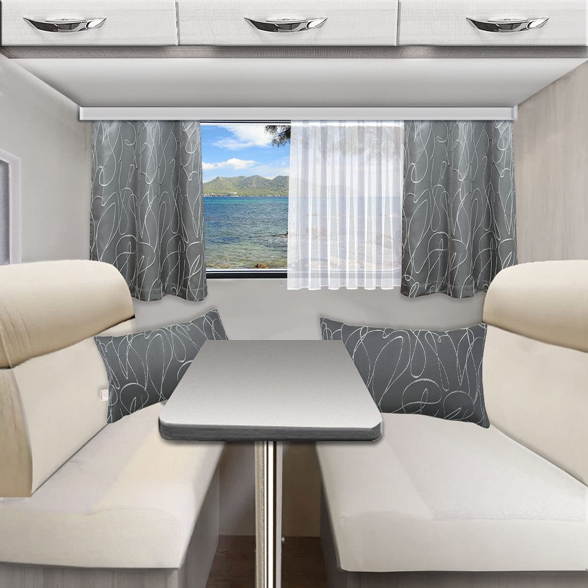 Wohnmobil Caravan-Vorhang Joran in Grau mit Effektstickerei Wohnwagengardine mit Reihband (Höhe & Breite nach Maß)