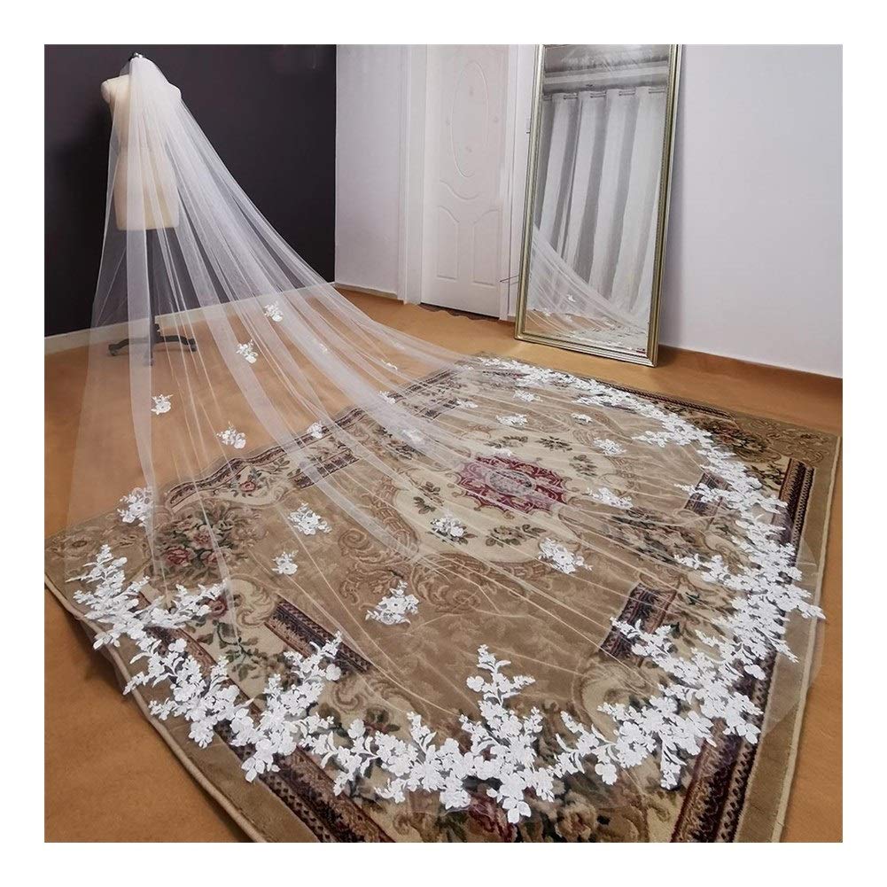 chustka z gazy na głowę, Koronkowe aplikacje na welon katedralny, wspaniałe dodatki ślubne dla(White,350cm)