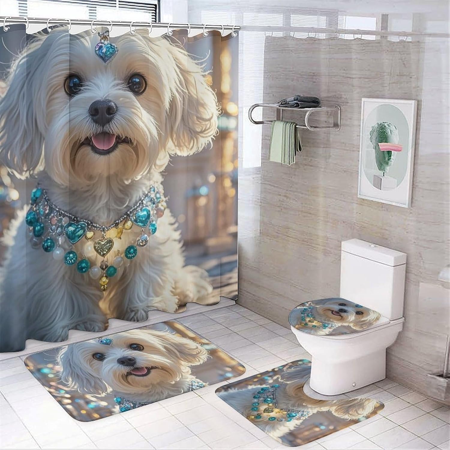 Lovely Maltese Dog Shower Curtain Set 4 Piece, Non-Slip Bath Mat with Toilet Lid Cover and Waterproof Shower Curtain with 12 Hooks, Complete Bathroom Set for Home Decor