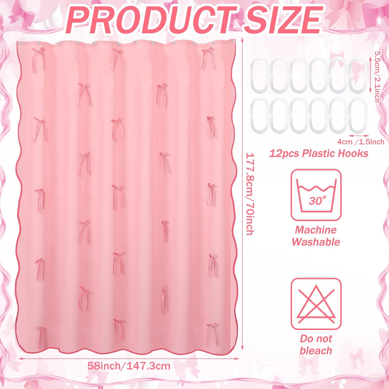 SmoothNovelty Pink Shower Curtain with Bow Bathroom Decor Cute Scalloped Bath Curtain Bowknot Waterproof Aesthetic Bathroom Decor for Valentine's Day Women Girls