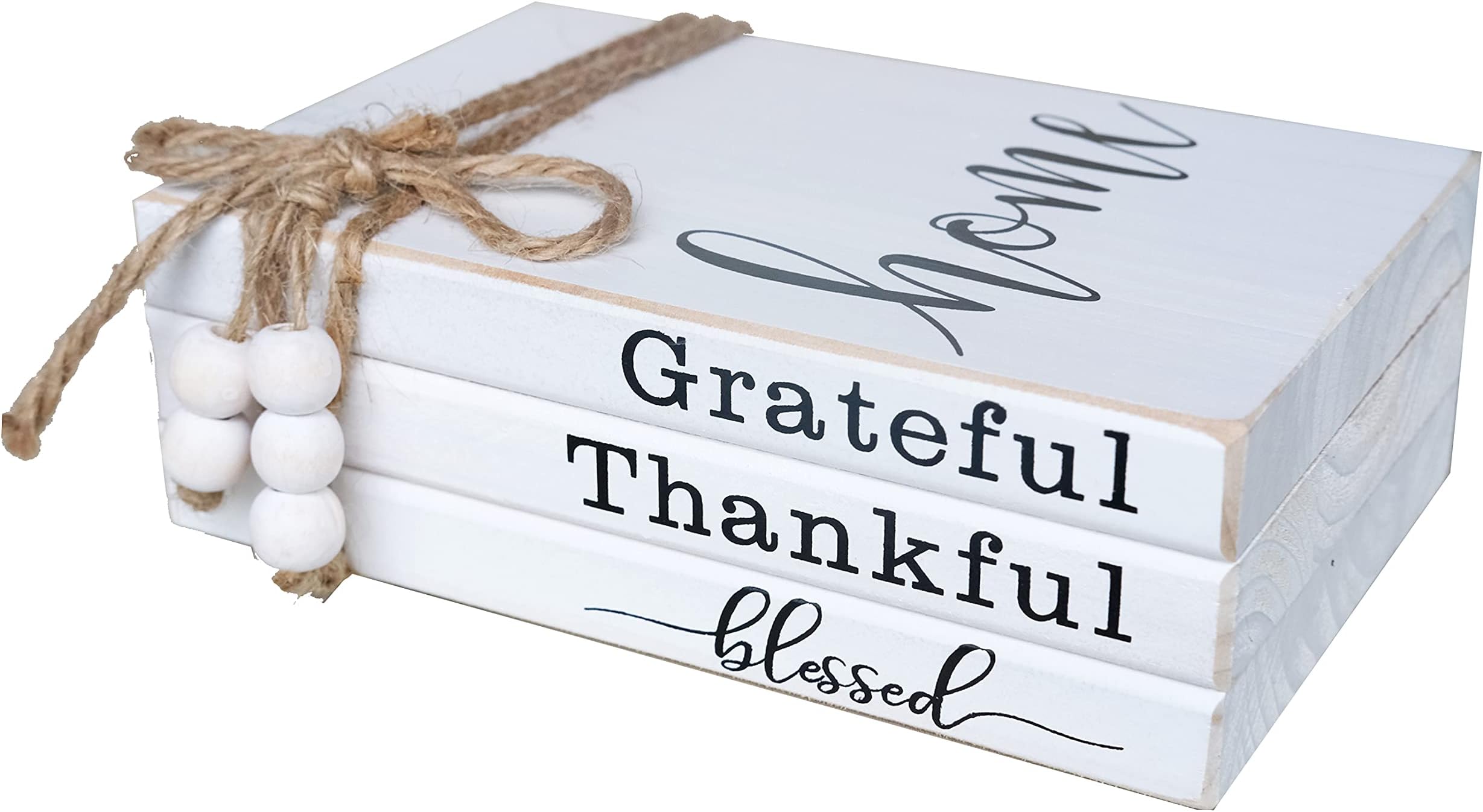 LIVDUCOT Wooden Farmhouse Decor Book Stack | Faux Book Stacks | Set of 3 Stacked Books for Coffee Tables Book Shelf Decor | Grateful Thankful Blessed Home Sign 7'x 5.5'x 2.5'