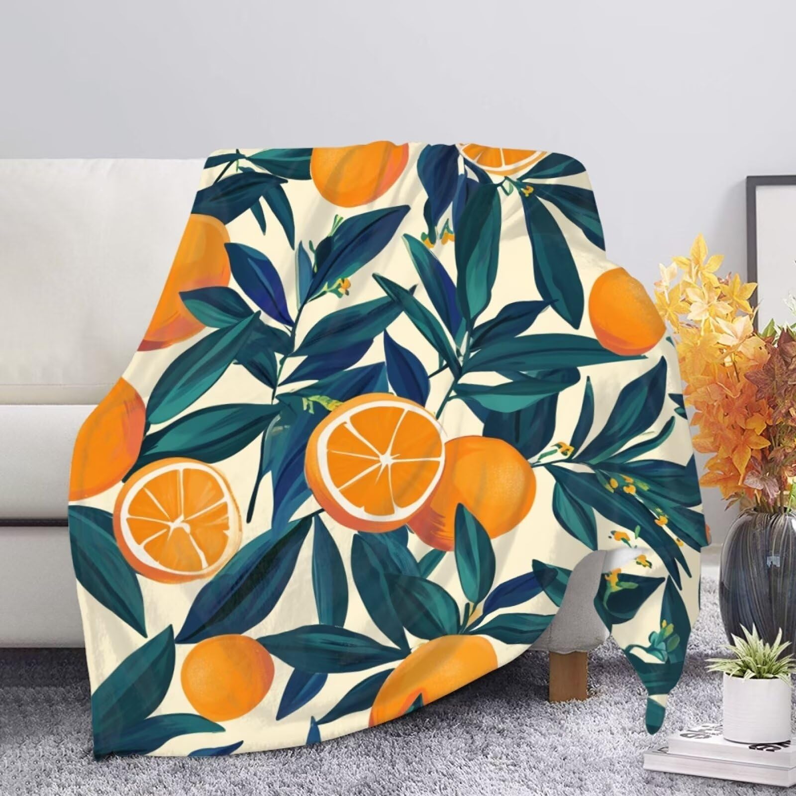 Allcute Fuzzy Beige Couch Blanket for Bed Living Room Cozy Soft Sofa Throws Rustic Floral Orange Print Throw Blanket for Fall Winter