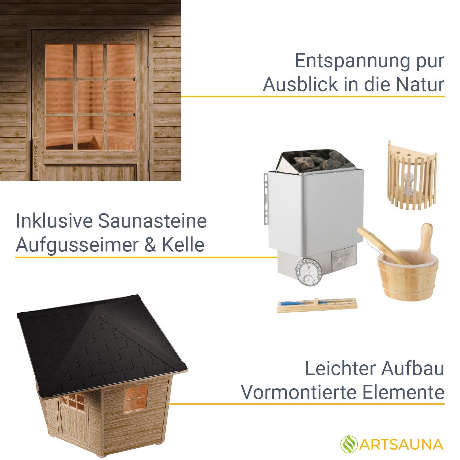 Artsauna Gartensauna Eldur mit 8 kW Ofen, Beleuchtung & Zubehör - Saunahaus aus Fichtenholz - Außensauna für 4 Personen - Outdoor Sauna 200x200x256 cm