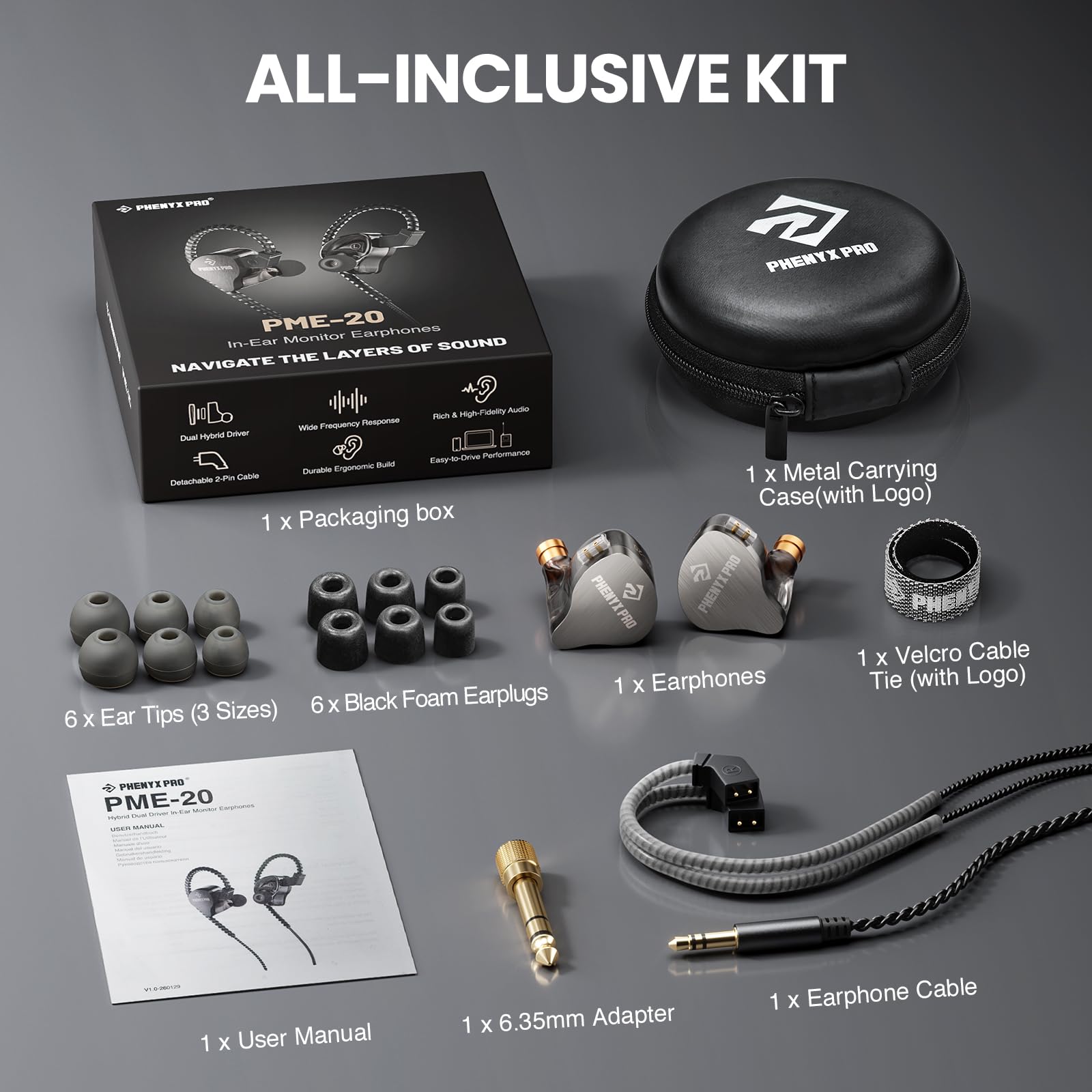 Phenyx Pro Auricolari in-ear con doppio driver ibrido PME-20 | Stereo IEM con isolamento acustico, cavo staccabile a 2 pin, design anti-groviglio, cantanti, musicisti, videogiochi
