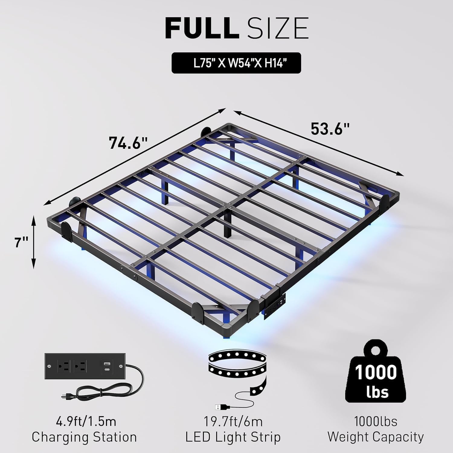 qimamo 7 Inch Floating Full Bed Frame with Smart LED Lights and Charging Station, Modern Metal Full Bed Frame, Easy to Assemble, No Box Spring Needed