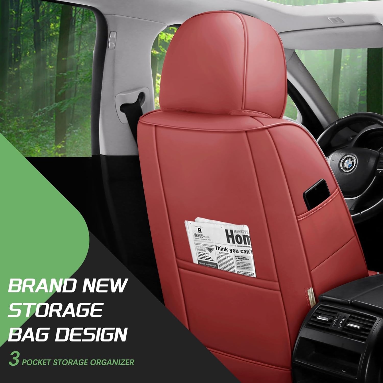 Car Seat Cover Front Set, Front and Rear 2 Faux Leather Seat Covers with Headrest Pillows, Airbag Compatible, Universal Seat Protector for Most SUV Trucks Pickups (Wine Red)