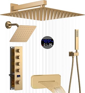 Brushed Gold Full Body Shower Set Digital Display Shower System With Hand Shower Dual Rainfall Shower System With 12"Overhead Shower 8" Side Shower Head, Waterfall Tub Spout