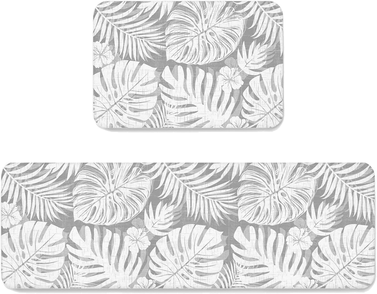 Light Grey Palm Leaves Kitchen Mats Set of 2 Tropical Botanical Modern Minimalist Non Slip Mat Washable Floor Rug for Kitchen Sink Floor Laundry, 15.7"x23.6"+15.7"x47.2"