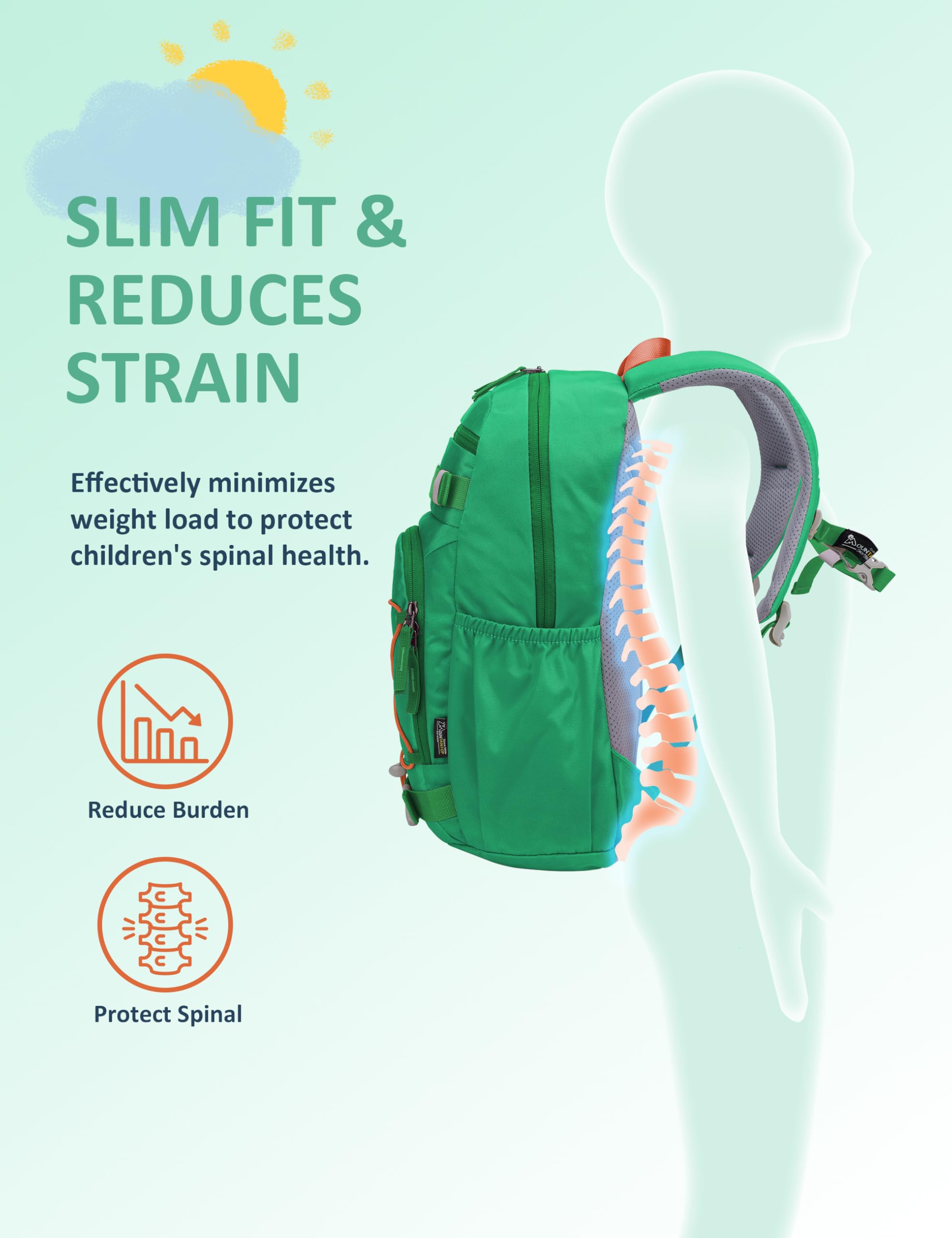 Mountaintop Zaino per bambini, 15 l, con cintura toracica, leggero, per ragazzi e ragazze, ideale per scuola ed escursioni (25 x 14 x 41 cm), ergonomico e traspirante