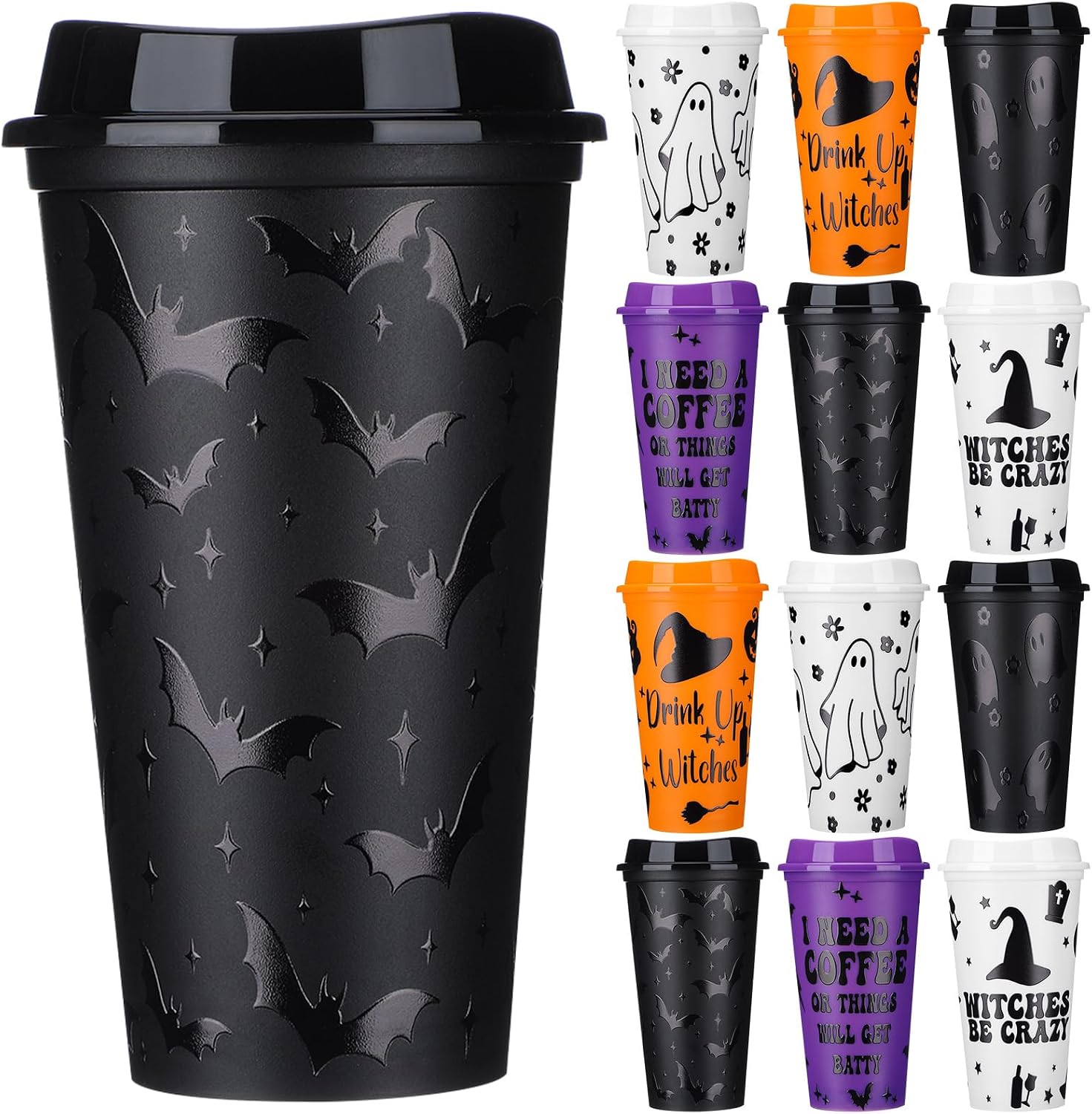Pickmesh 12 Pack Halloween Witch Themed Coffee Cups 16 oz with Lids