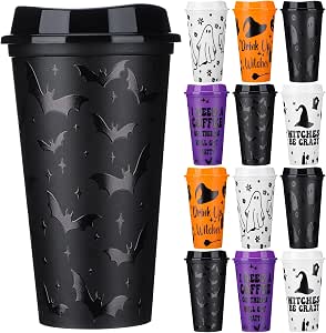 Pickmesh 12-Pack Halloween Reusable Plastic Coffee Cups with Lids, 16 oz