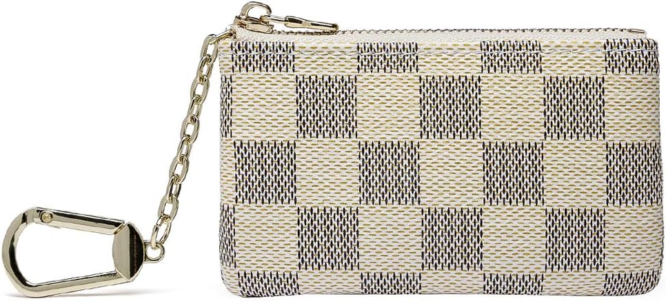 Qeggs Luxury Zip Coin Purse Checkered Key Chain Pouch Mini Wallet for Women