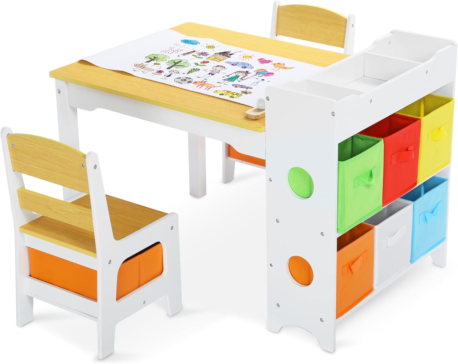 Kids Art Table & Chairs Set, Wooden Activity Table with 2 Chairs, Kids Craft Desk W/8 Storage Bins and Paper Roll, Toddler Furniture Set for Art, Crafts, Drawing, Reading, Natural