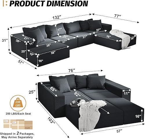 Miniatura 3 de Sofá de nube de gran tamaño de 132 pulgadas, sofá modular tapizado con 6 almohadas, sofás de felpilla de asiento profundo para sala de estar,