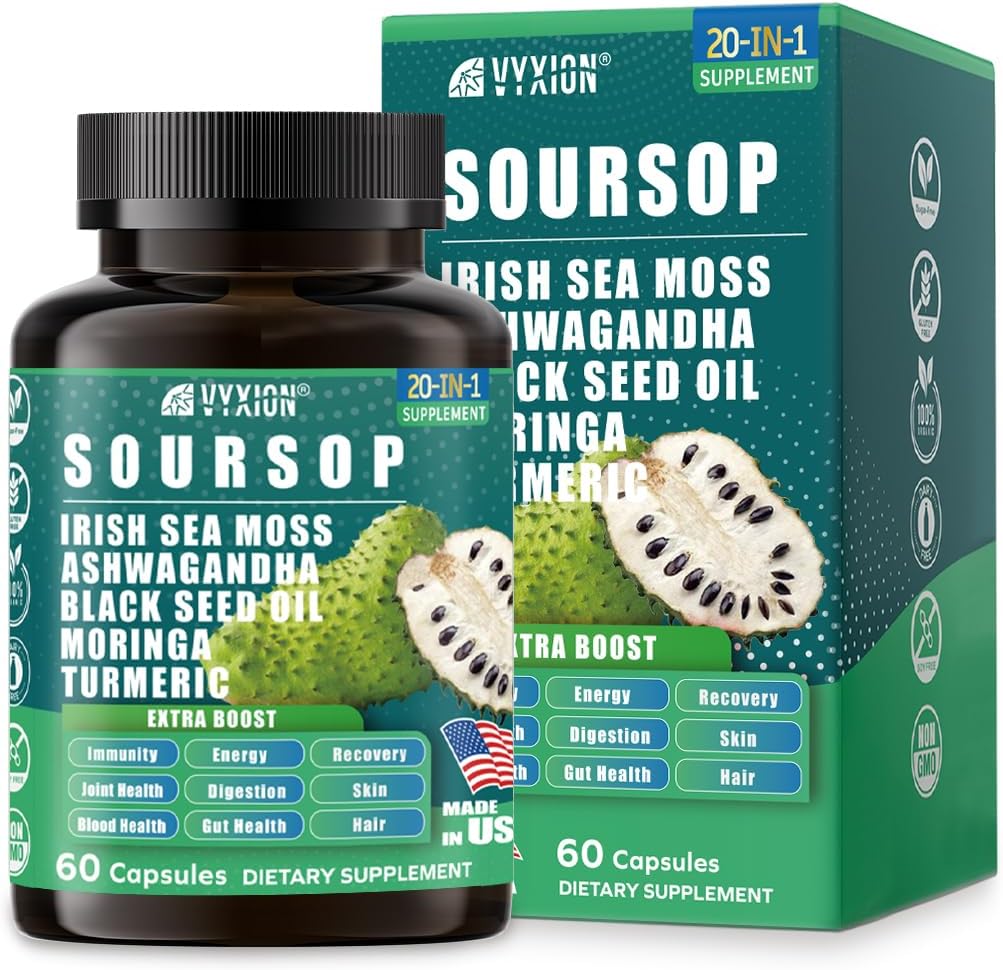 Soursop Graviola Supplement with Sea Moss, Moringa, Turmeric, Black Seed Oil, Oregano, Ashwagandha | 20-in-One Herbal extracts for Overall Health-Enhancing | Vegan, Non-GMO | 60 Capsules