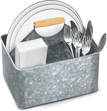 Plexon Metal Utensil Caddy With Handle - Farmhouse Rustic Kitchen Utensil Holder for Party Picnic Table Garden - Tool Cutlery Flatware Silverware Caddy Organizer Storage, Silver