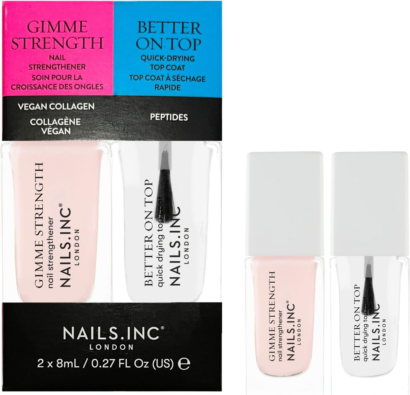Nails.INC Mini Nail Treatment Duo, Includes Gimme Strength Nail Strengthener and Better On Top Quick Drying Top Coat, With Active Skincare Ingredients to Promote Nail Health, Cruelty Free, Vegan