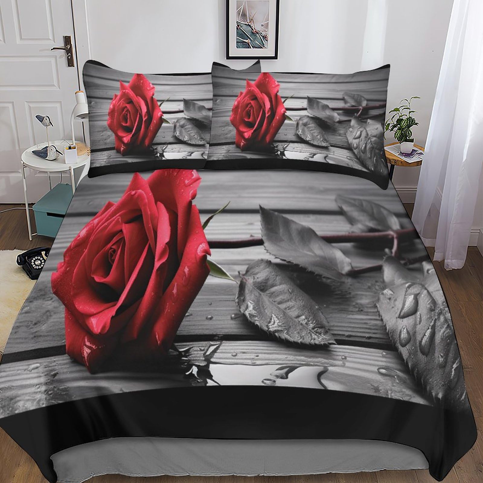 Housse de couette roses 3D anti-pli en microfibre pour lit double 200x200cm
