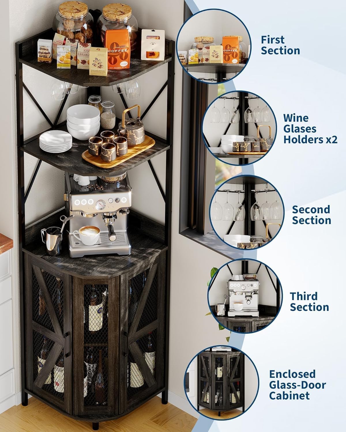 Armadio angolare per vino con presa elettrica e striscia LED, mobile da bar a 5 ripiani con porta bicchieri, porta a traliccio, credenza in stile industriale, per cucina, sala da pranzo e piccoli