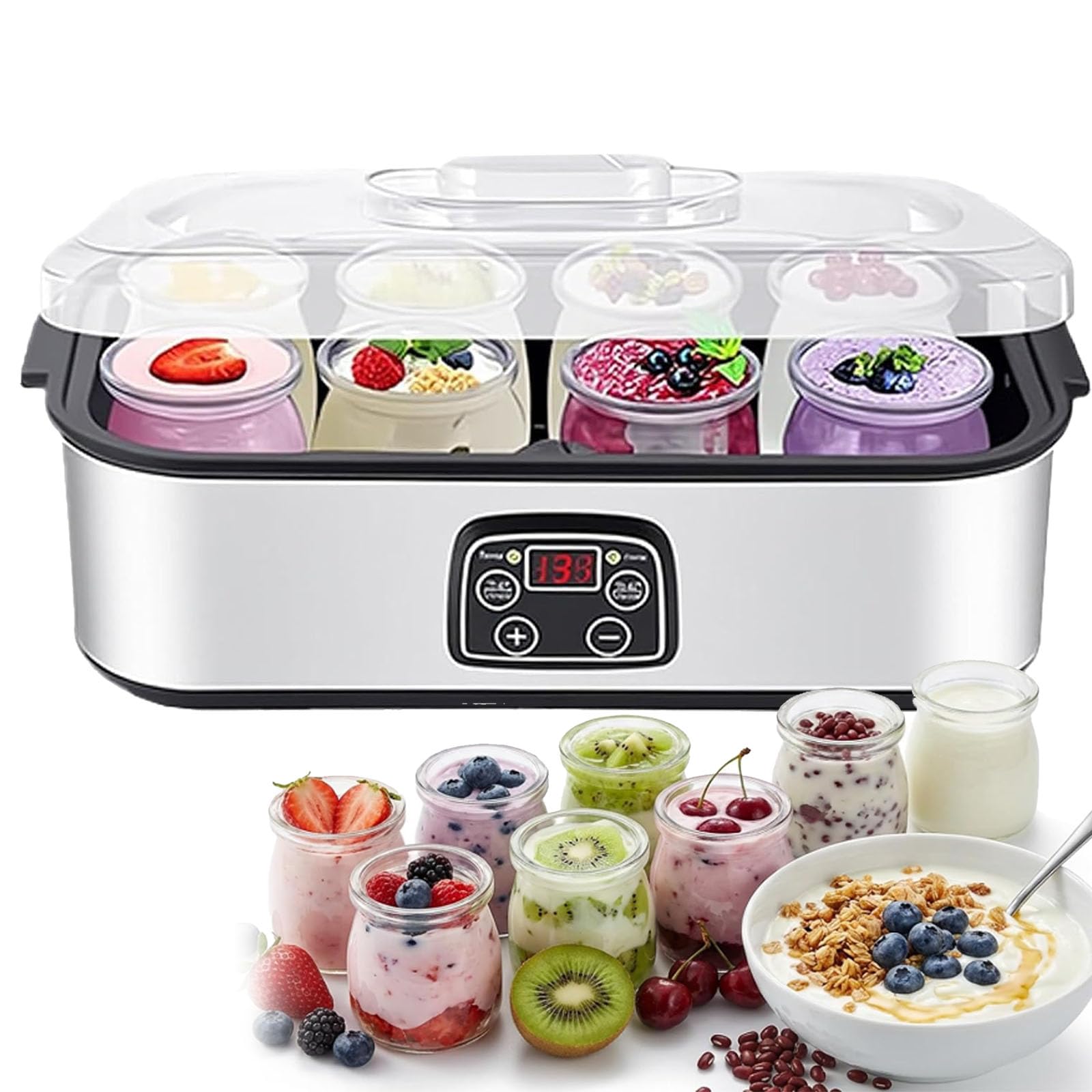 Yogurtera Totalmente Automática (1400 Ml), con 8 Tarros De Cristal De 170 Ml, Pantalla LED, Temporizador Ajustable: 0-48 H, con Alarma Sonora Y Apagado Automático, para Yogur Y Natto.,A