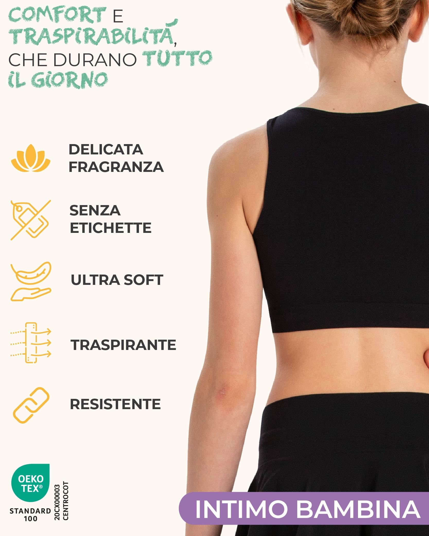 Risalti Top Bambina Americano Microfibra 3 pz - Top Ragazza Senza Cuciture ed Etichette, Top Sportivo Bambina, Reggiseno Ragazza Sportivo, Seamless, Bracciali in Omaggio - Made in Italy