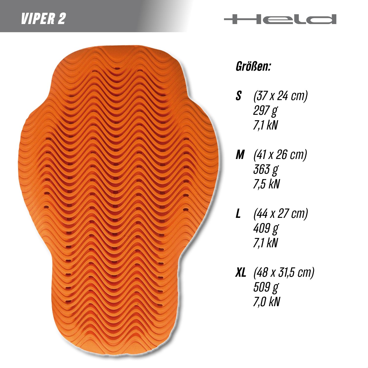 Held D3O Viper 2 Rückenprotektor Motorrad, Ski und Snowboard - Patentierte Airwave Technologie, Flexibel, Leicht, Atmungsaktiv - CE Level 2 Schutzklasse EN 1621-2:2014 zertifiziert - Orange - Gr. S-XL