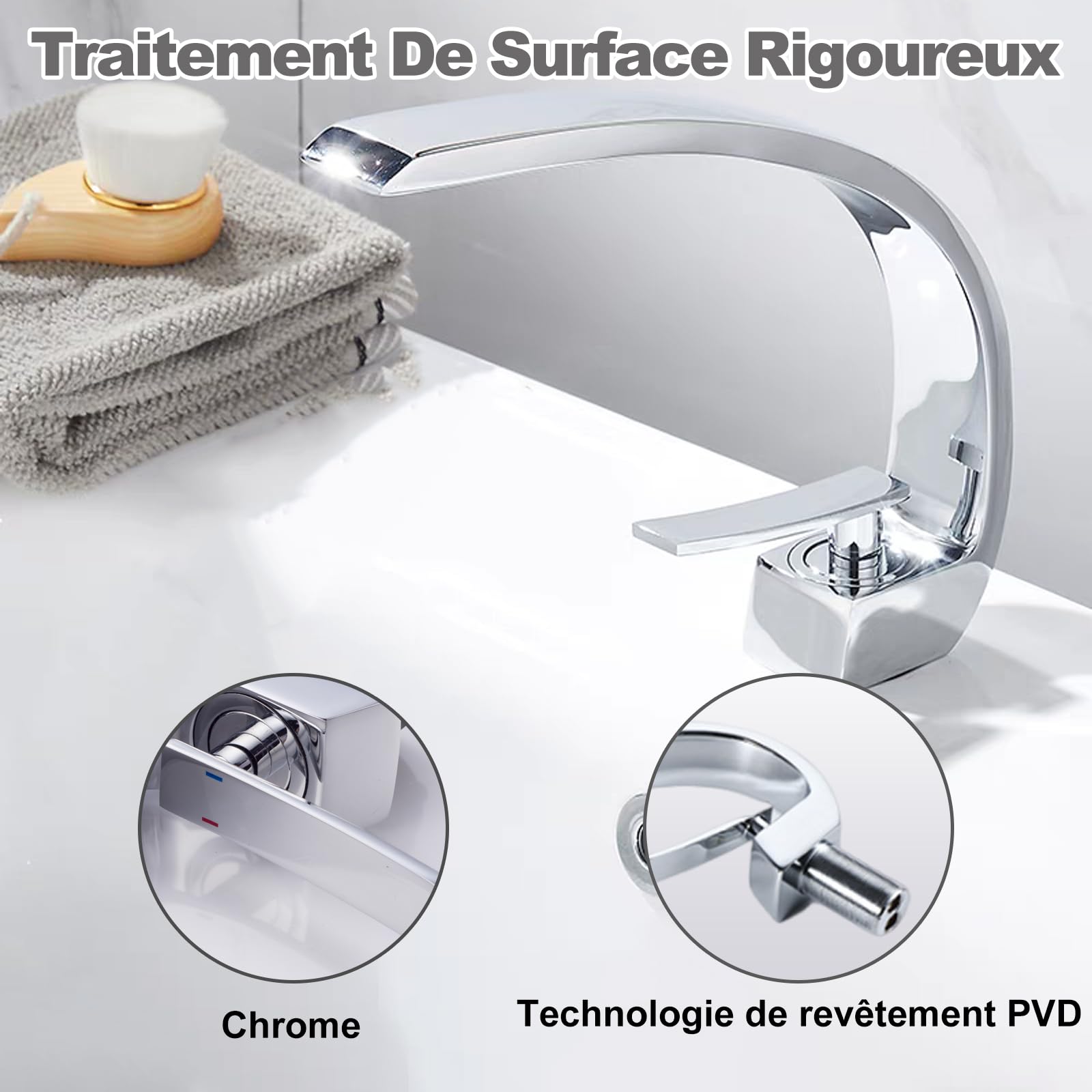 Robinet d'évier de salle de bain en chrome avec tuyau d'alimentation, robinet de lavabo monotrou à conception unique, mitigeur de lavabo