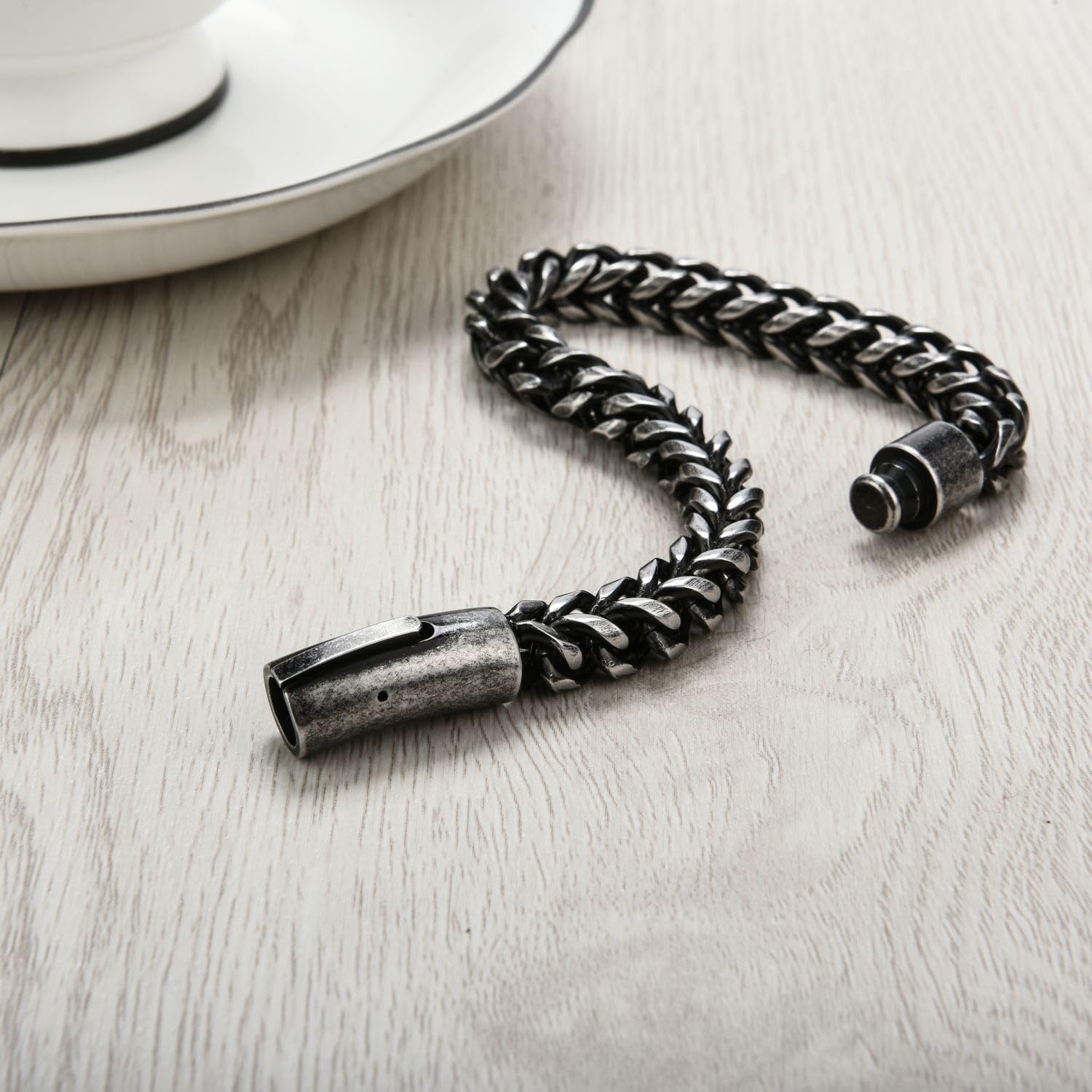 Retro Stainless Steel Bracelet Twist Rope Chain, Antique Black Square Round Box Link Bracelet for Men, 21cm (8.27 inch)