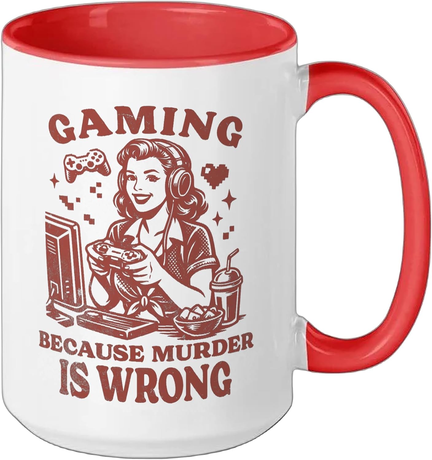 Gaming Because Retro Murder Is Wrong Ceramic Mug, Red/White, 15oz image 2