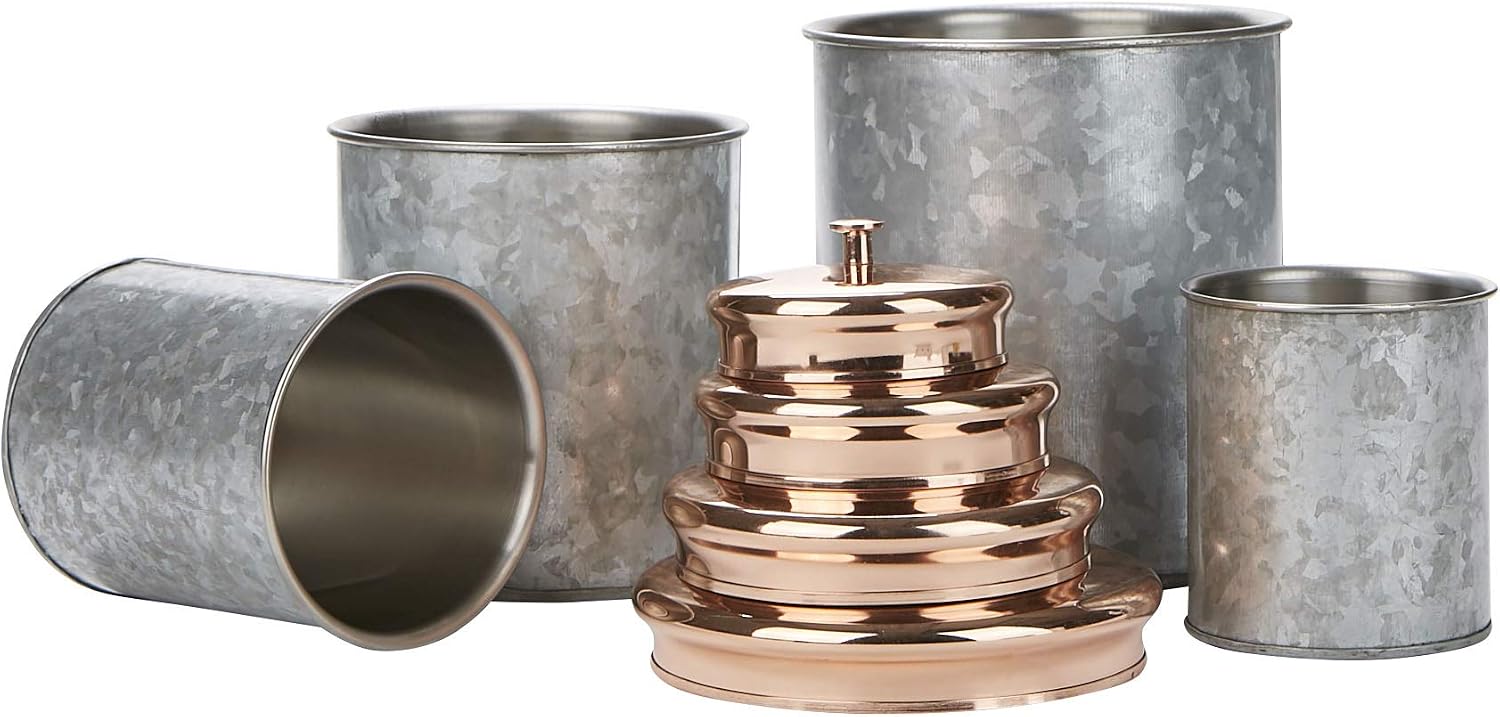 Mind Reader Double Wall Galvanized Set with Lid, Canisters, Food Storage Containers, Kitchen, Coffee, Cookies, Candy, Sugar, 4 Piece, One Size, Silver/Gold