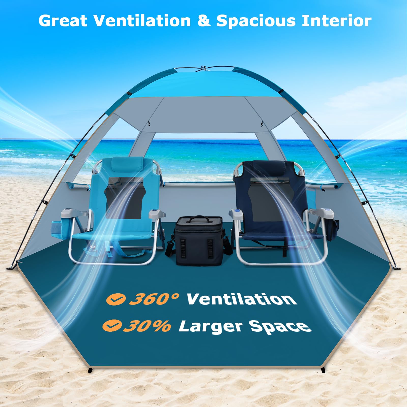 COMMOUDS Strandmuscheln für 4-5 Personen, Tragbarer Strandzelt mit UV-Schutz 50+, Familie Sonnenzelt Strand mit 2 Mesh Fenster, Schnelle Montage, Einfaches Tragen Schirm für Outdoor
