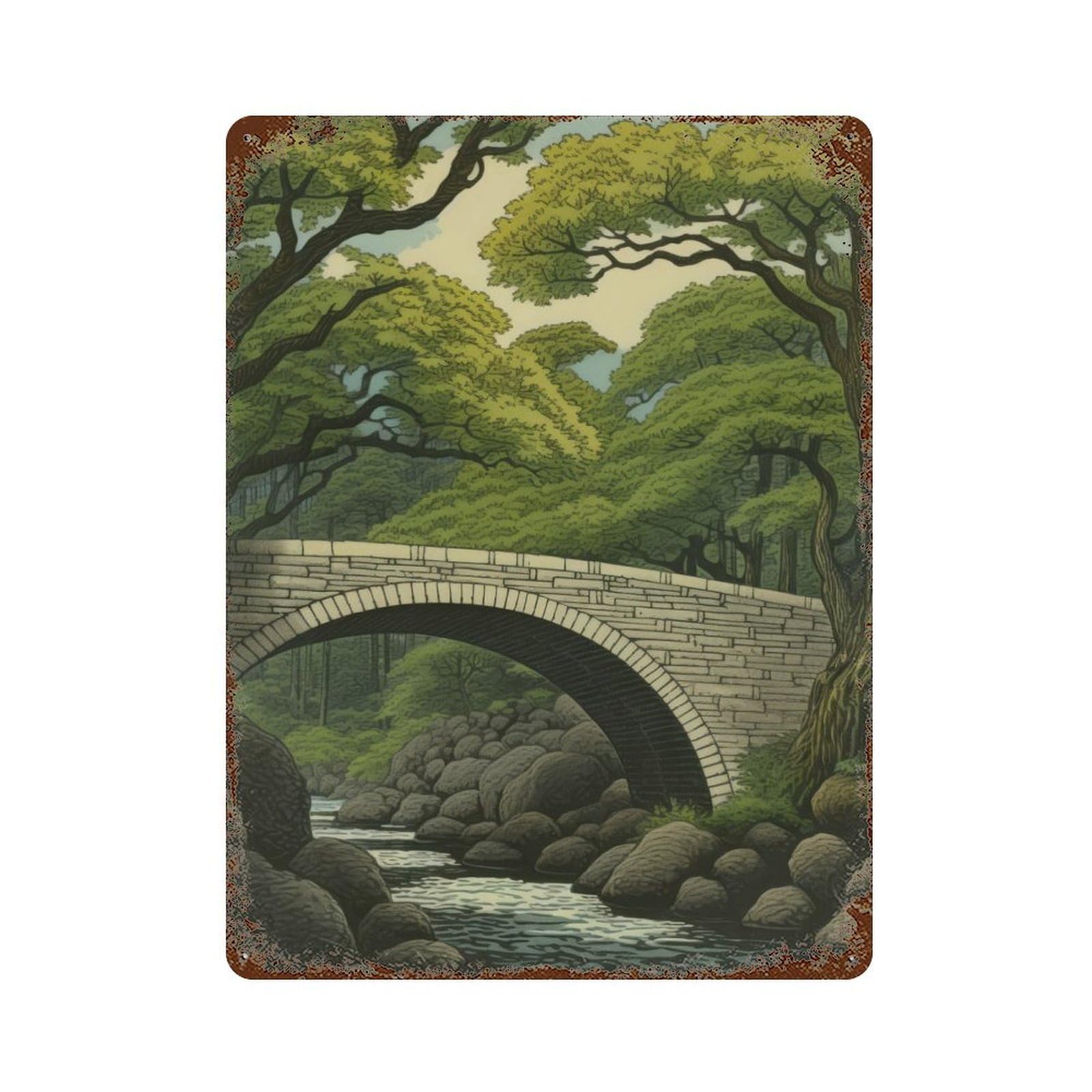 Decorative Tin Sign Bridge Japanese Painting 15.7"x11.8", Novelty Wall Decor for Shed, Workshop And Garage Wall Decor