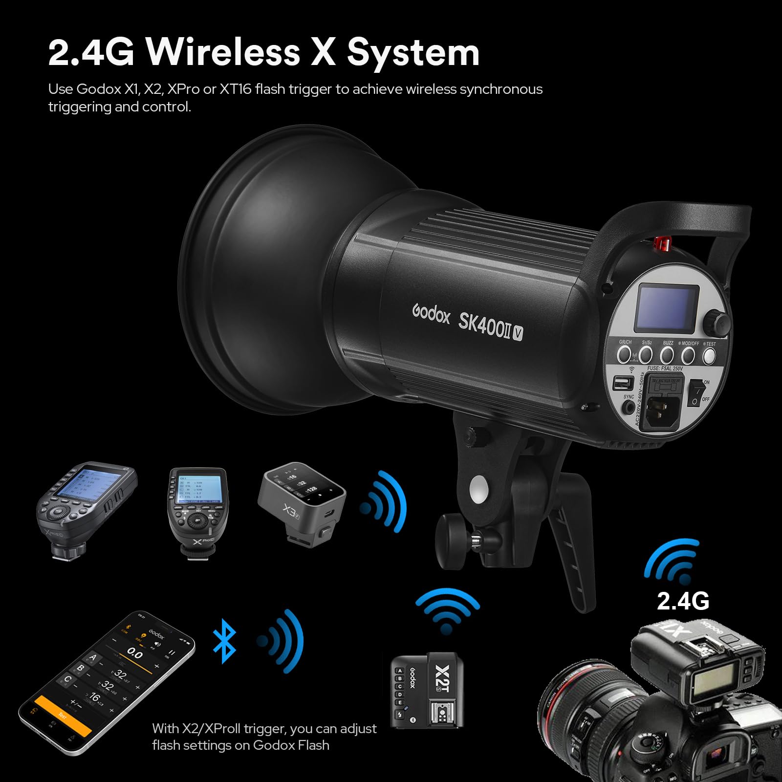 Godox SK400II-V Flash da Studio Potenziato Potenza 400 Ws Luce Stroboscopica 5600 ± 200 K Sistema X Wireless 2.4G Integrato con lampada pilota LED Bowens per fotografia di ritratto