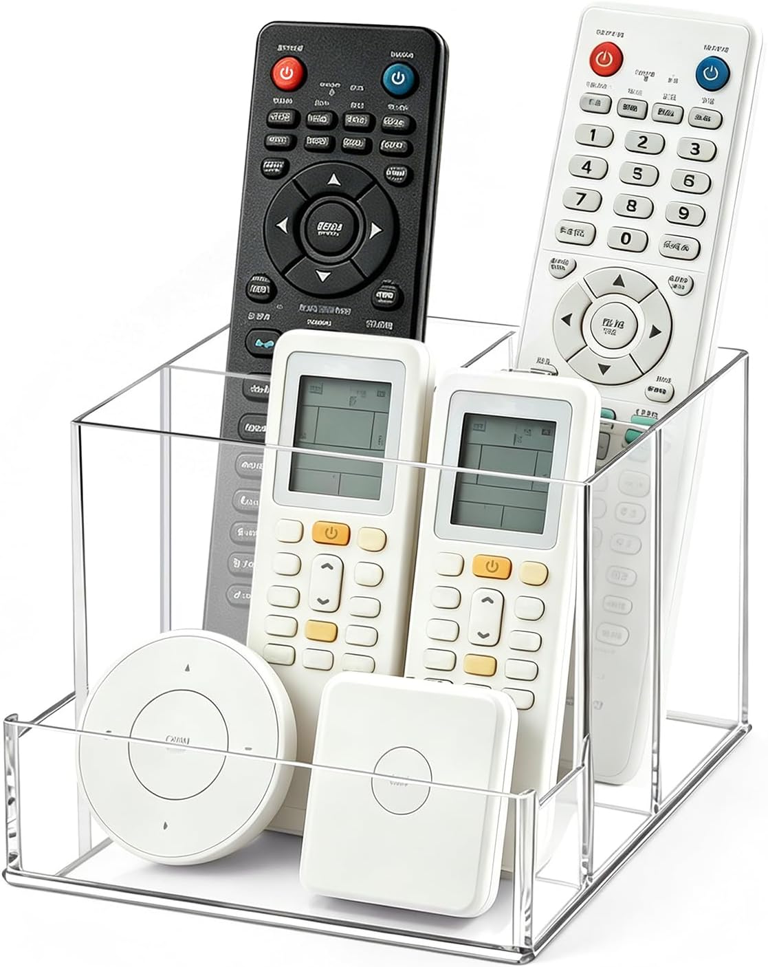 Vowcarol Clear Acrylic Remote Control Holder – 4 Compartment Desk Organizer, TV Remote Holder