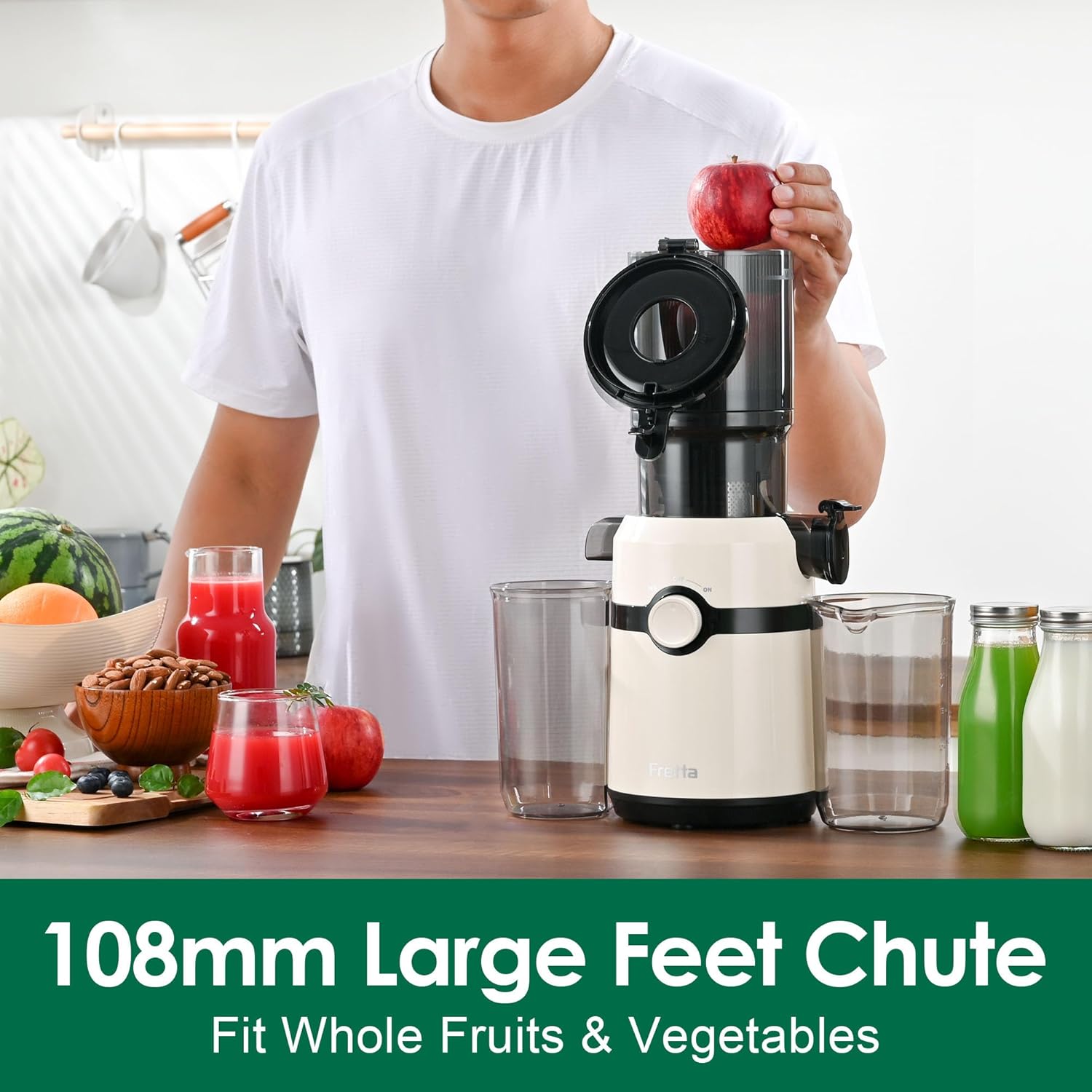 Fretta Cold Press Juicer Machines, Masticating Slow Electric Juicer with 1L and 108mm Feeding Chute,Big Mouth for Whole Fruits and Vegetables,Tritan BPA-Free,200W,High Juice Yield,Easy to Clean,White