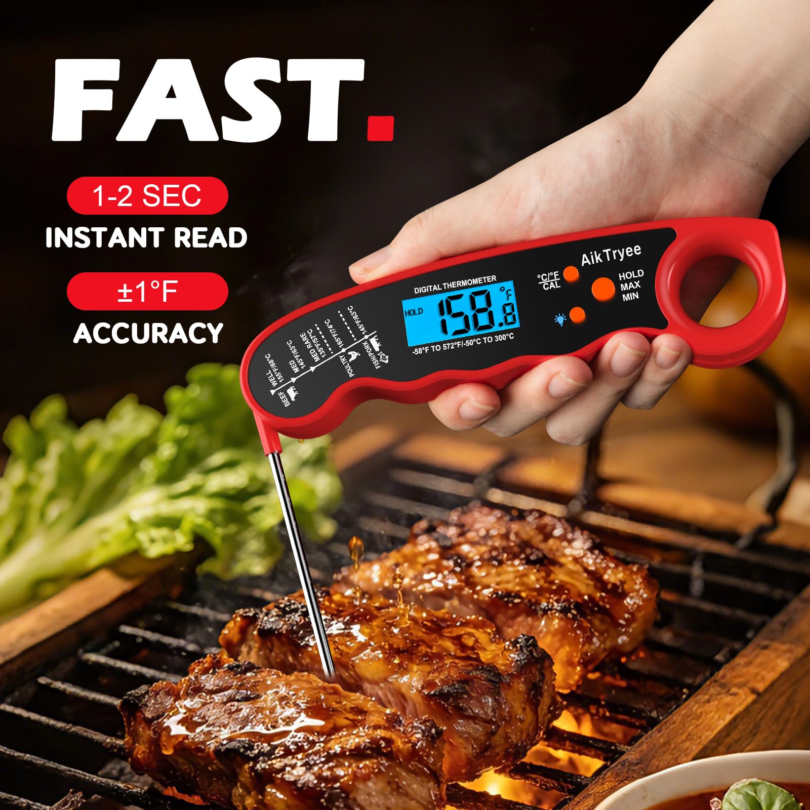 Termometro digitale a lettura istantanea per carne, cucina, cibo, caramelle, per olio, friggitura, barbecue, griglia, affumicatore AikTryee