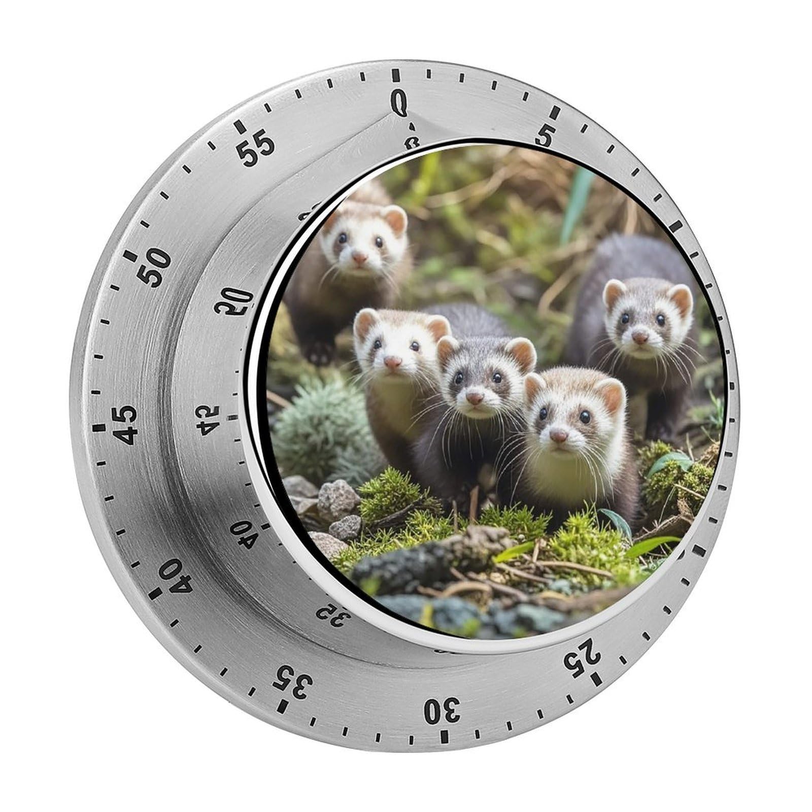 Mechanical Kitchen Timer with Magnetic Back, Stainless Steel Manual Ferrets Printed Timer for Cooking and Time Management