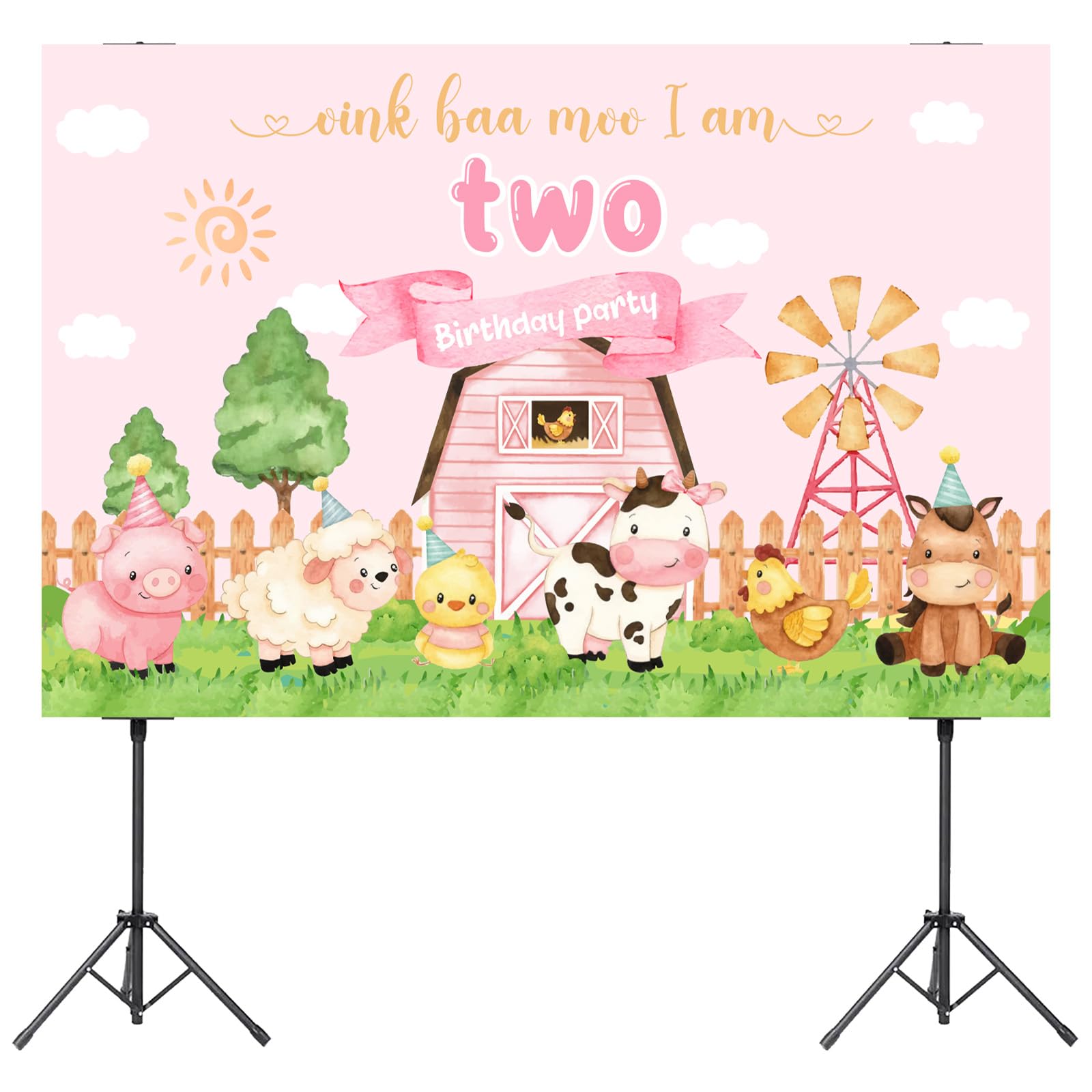 Jollyboom Oink Baa Moo I Am Two Party Decoration, Farm Animal 2nd Birthday Party Decorations Backdrop Oink Baa Moo I Am Two Backdrop for Girl Pink