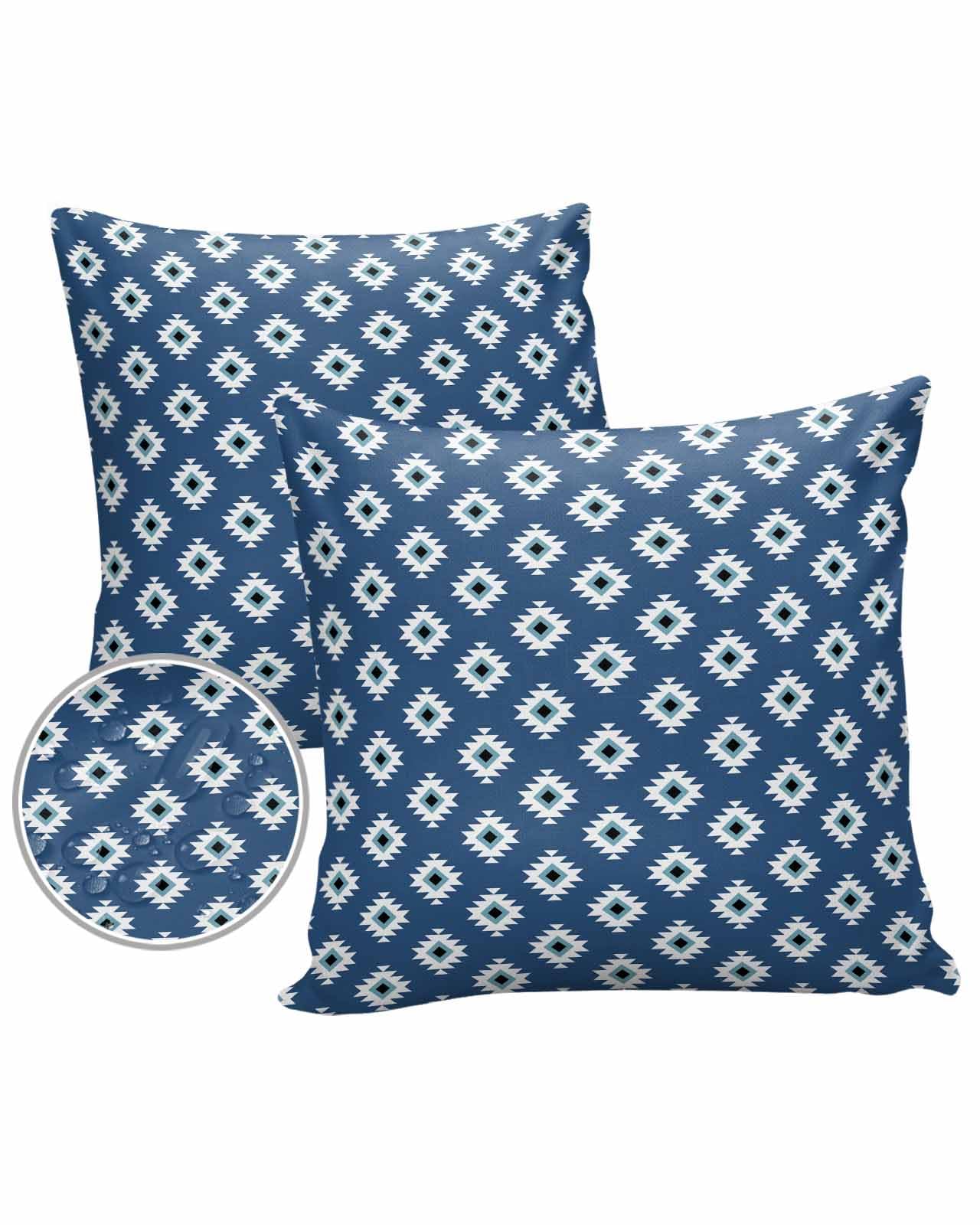OComster Outdoor Pillow Covers Waterproof, Boho Blue Texture Farmhouse Throw Pillowcase Decorative Cover, Abstract Geometric Garden Cushion Case Set of 2 for Sofa, Couch, Tent, Patio 16