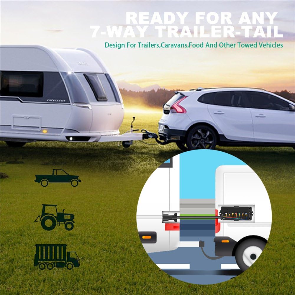 BlueFire Upgraded Heavy Duty 7 Way Trailer Connector Plug Cord Inline Trailer RV Plug Cord with Weatherproof 7 Gang Junction Box (6 Feet)