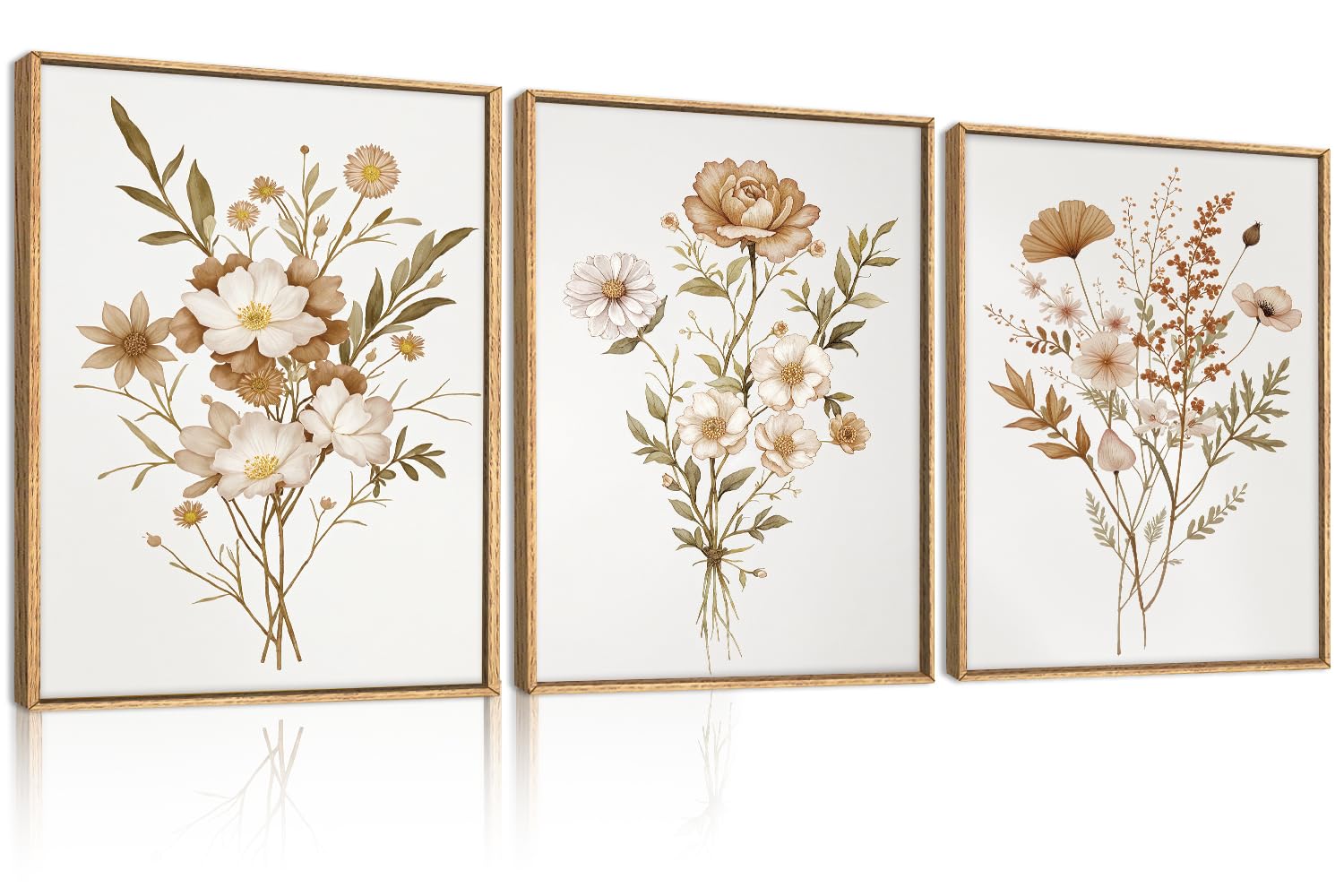 KAIRNE Neutral Boho Floral Framed Canvas Wall Art Set, Vintage Botanical Flower Wall Decor, Minimalist Wildflower Art Prints, Modern Beige Artwork for Living Room, Bedroom, Farmhouse, Office-12"x16"x3
