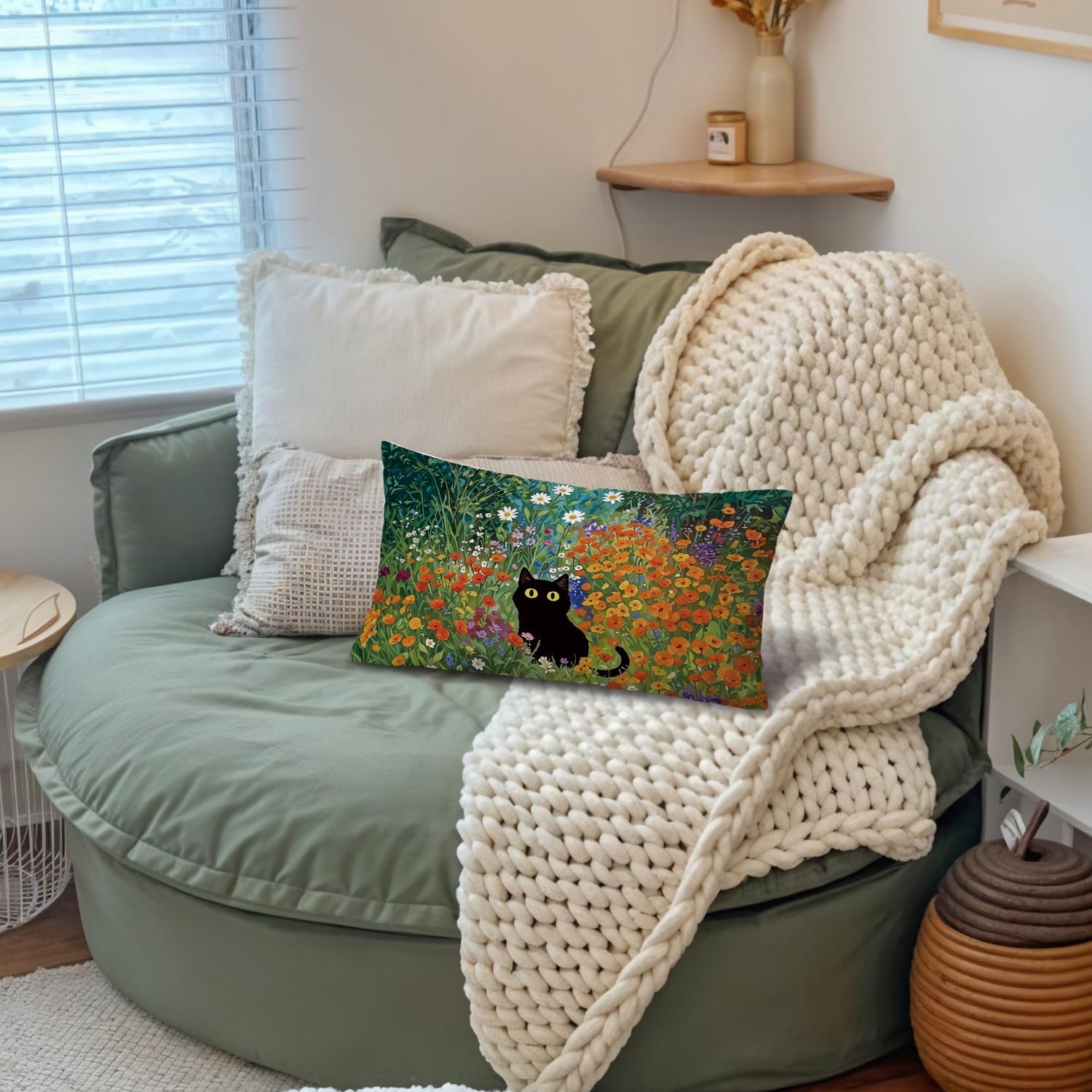 Floral Black Cat 12x20 Pillow Cover, Black Cat Room Decor, Cottagecore Wildflower Botanical Kitty Decorative Throw Pillow Covers Pillowcases for Bedroom Living Room Home Decor - Image 5