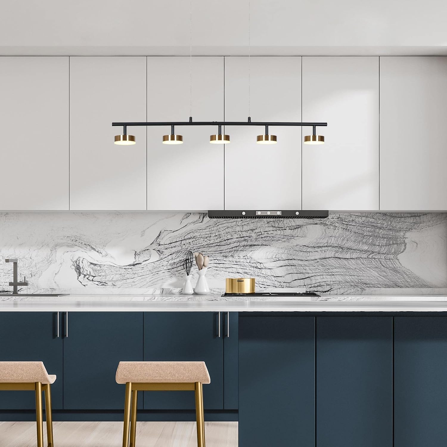 ZEVNI Integrated LED Kitchen Island Lighting, 5-Light Modern Chandeliers for Dining Room, 35.5" L Black Gold Bar Lighting, 3045K, 1800 LM