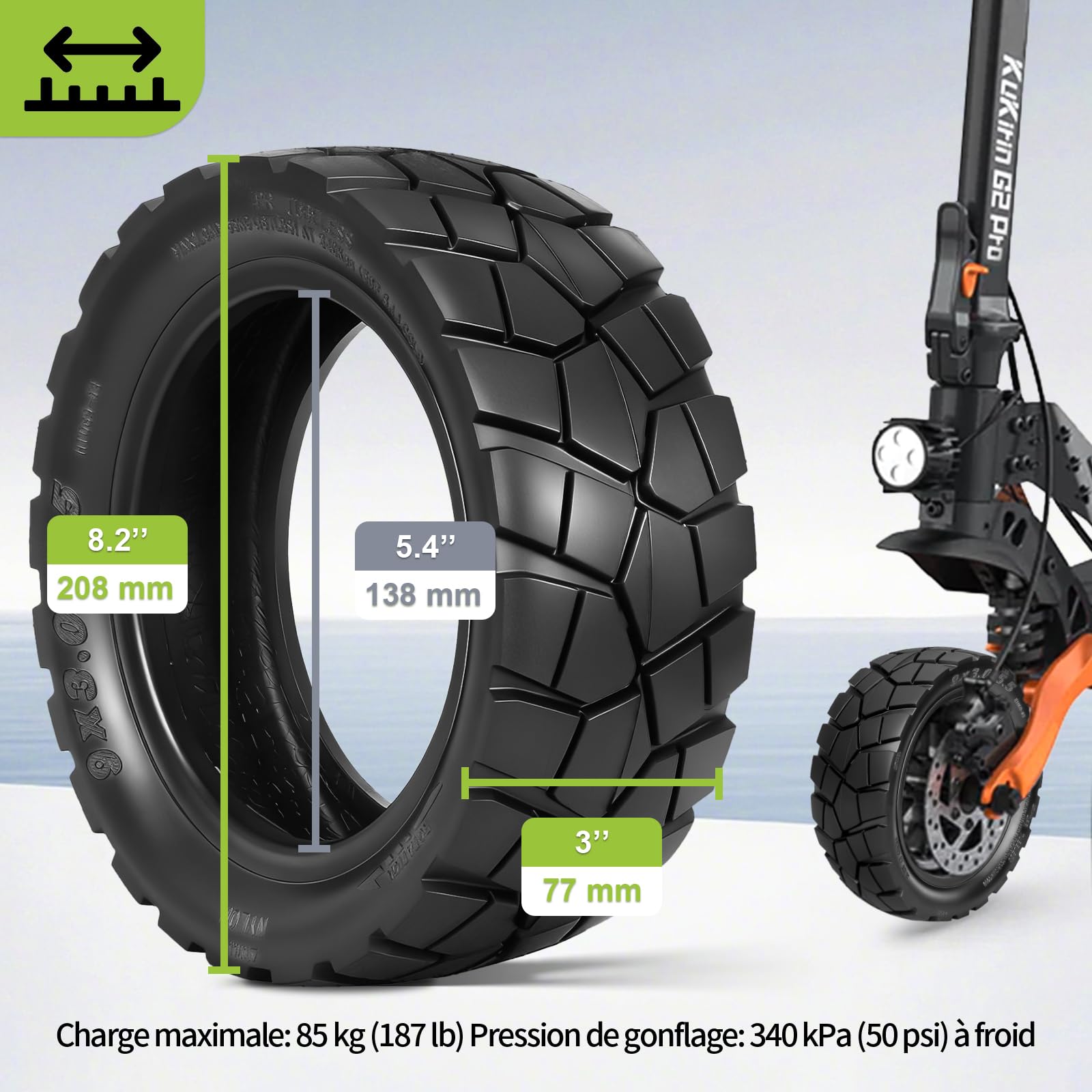 Pneu 9x3.0-5.5 sans Chambre à air pour Kukirin G2 Pro (Nouvelle Version) Trottinette électrique 9 Pouces Pneu de Rechange Avant/Arrière (Noir-2 Pièce)