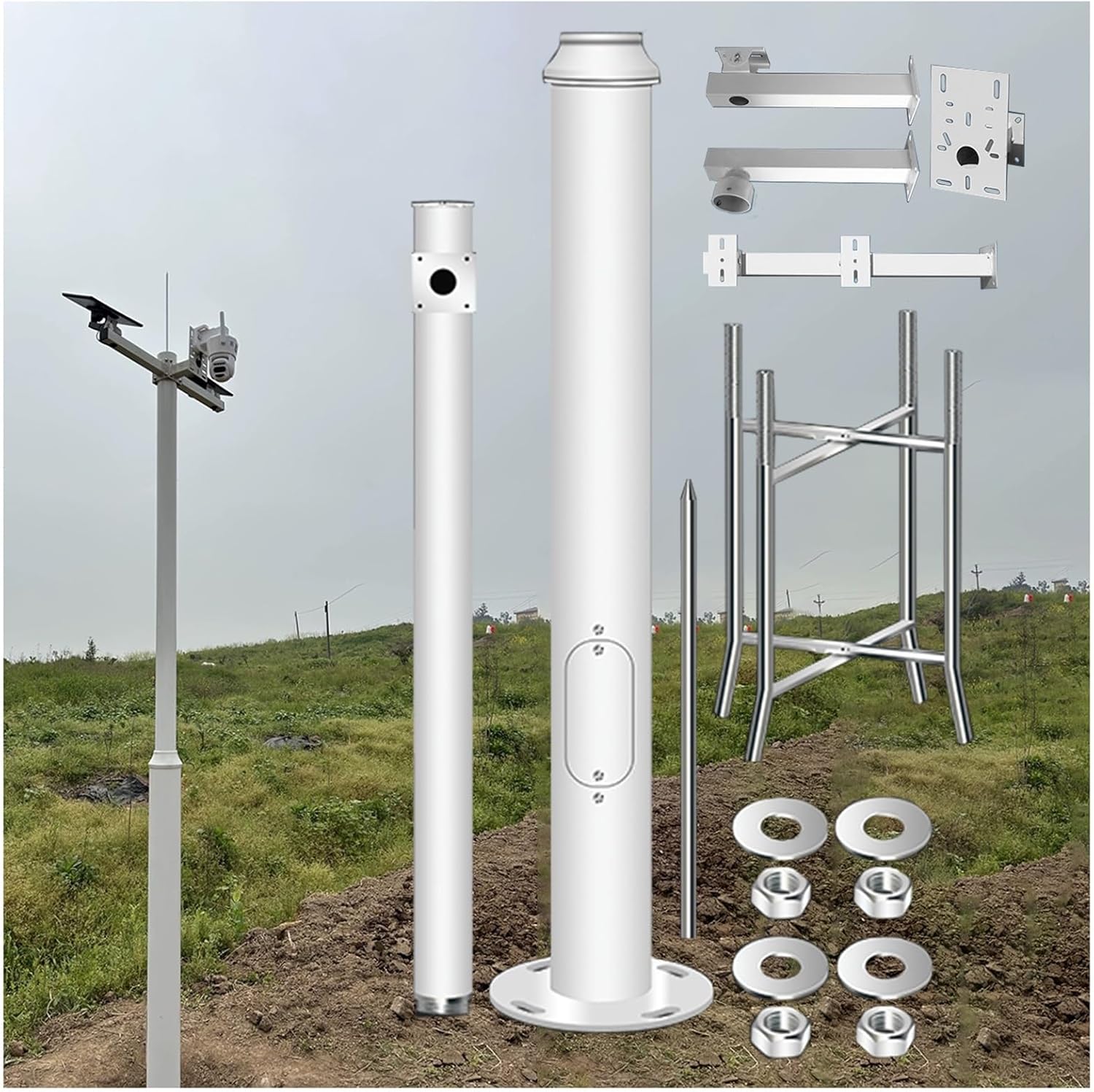 Outdoor Security Camera Pole Mount Kit with Rebar Base for Farm and Countryside Surveillance (White 550cm (3 Sections) H)