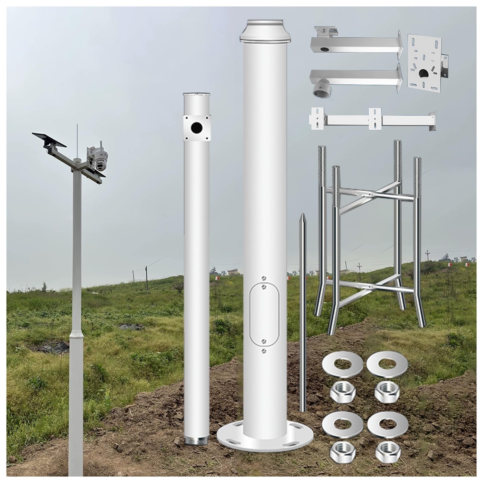 MRVAKDYDI Weatherproof Steel Surveillance Post, Outdoor Security Camera Pole Mount Rebar Base White 200-600cm(250cm (2 Sections) H)